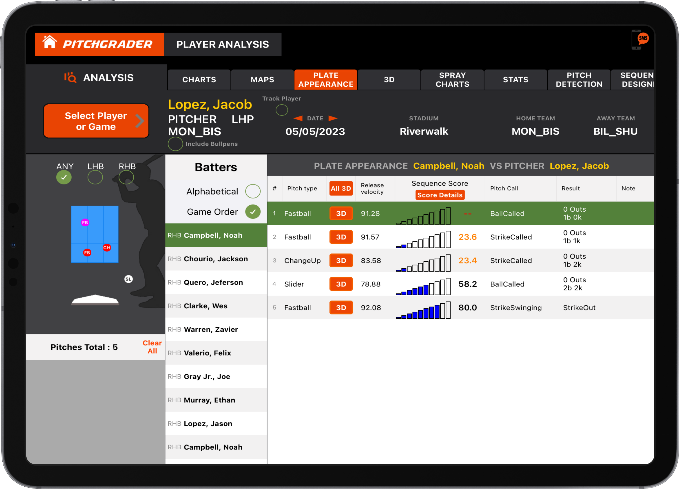 Pitchgrader iPad Plate Appearance page