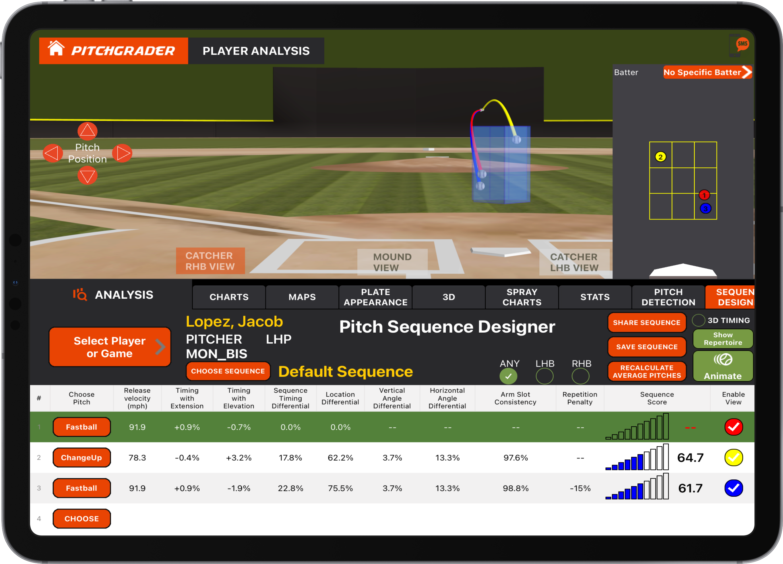 Pitchgrader iPad Sequence Designer page