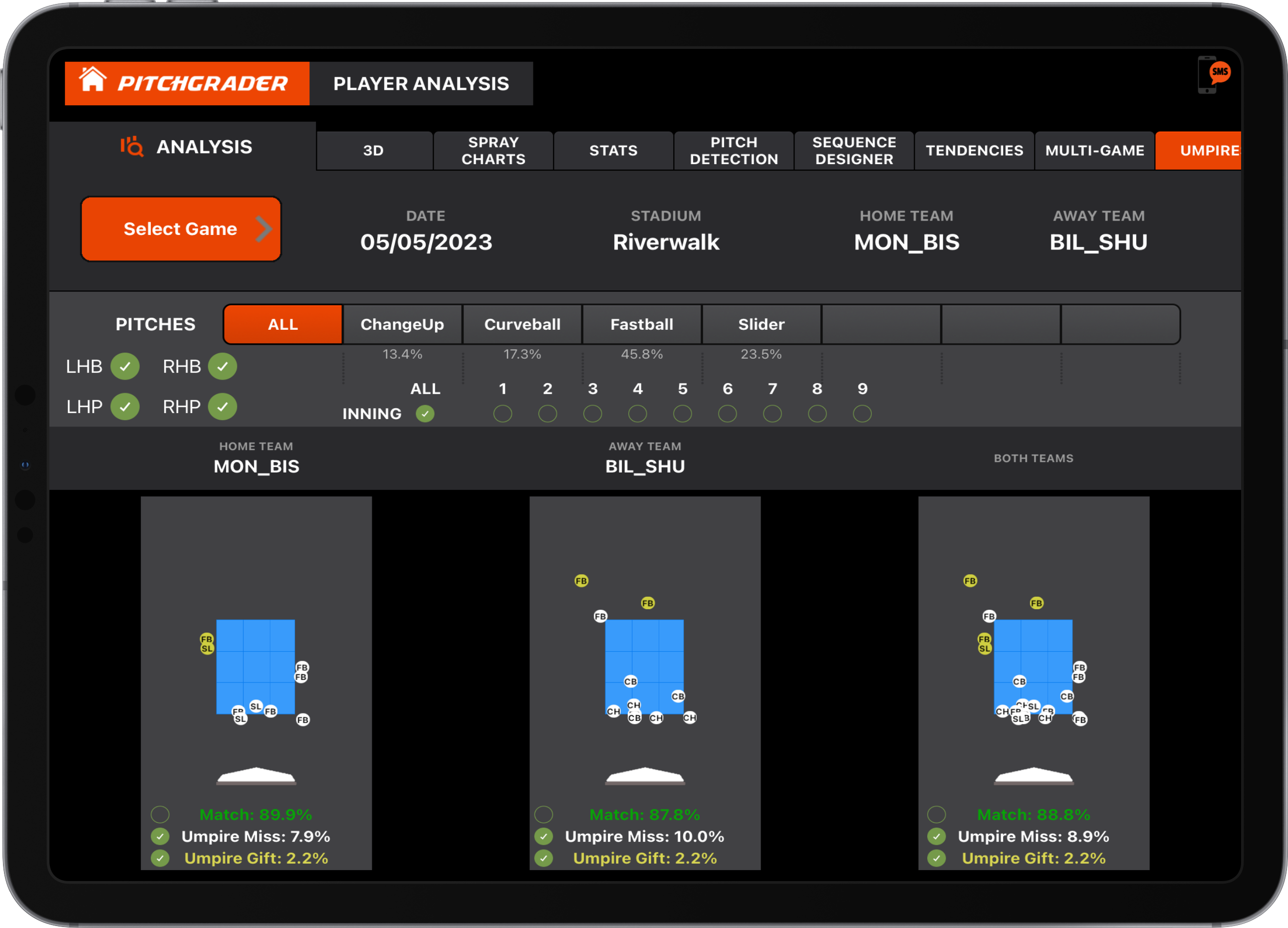 Pitchgrader iPad Umpires page